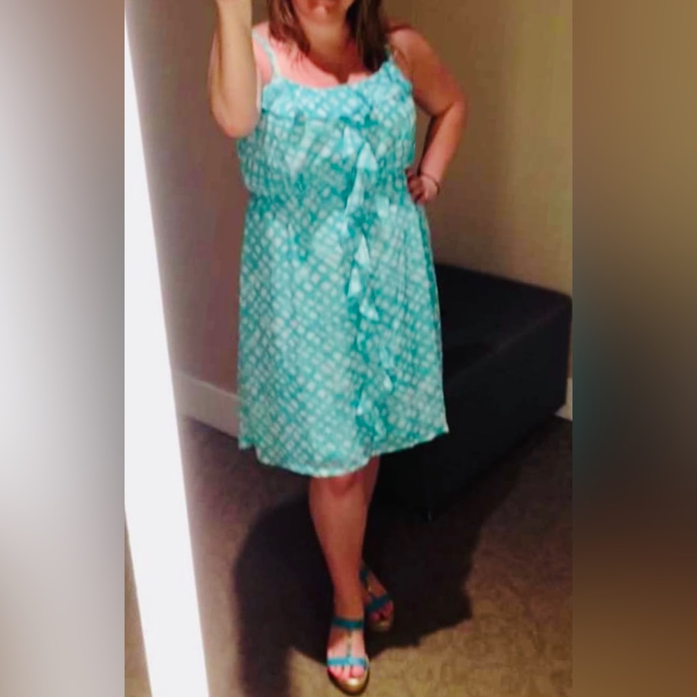 Lane Bryant Mint Green / Teal Summer dress, adjustable straps, elastic waistband - Picture 3 of 9